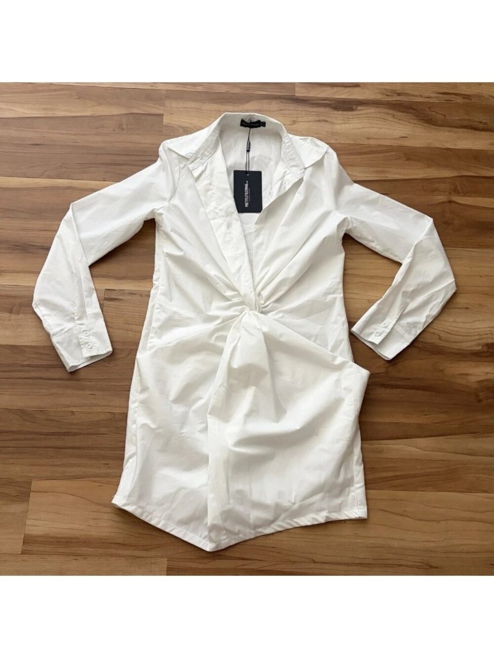 Pretty Little Thing Size 6 White Plunge Ruched Long Sleeve Shirt Dress NWT